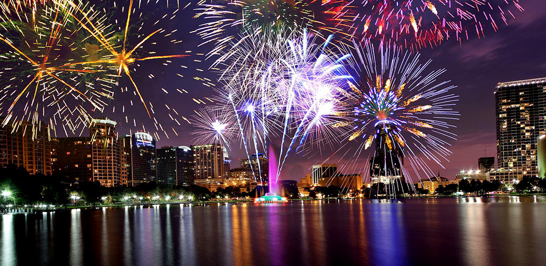 Fireworks above Lake Eola during a Fourth of July celebration.